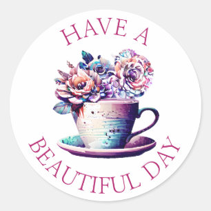 Beautiful Day Pretty Vintage Tea Cup of Flowers Classic Round Sticker