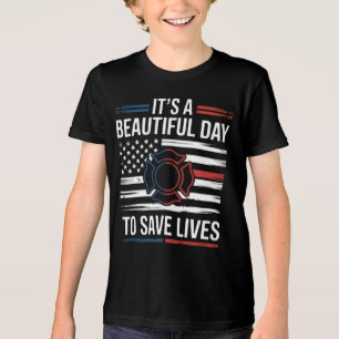 Beautiful Day To Save Lives Firefighter PNG Tri-Blend Shirt