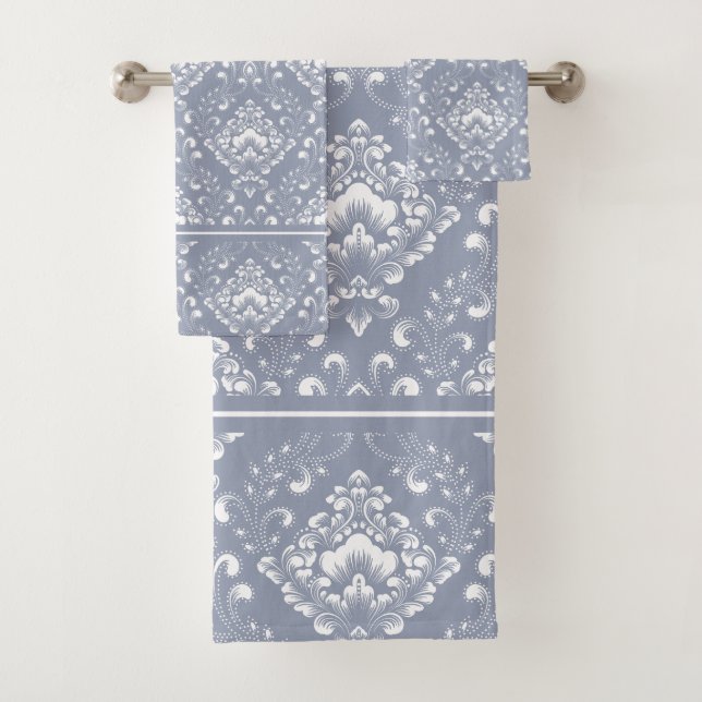 Beautiful dblue grey and white floral pattern bath bath towel set (Insitu)
