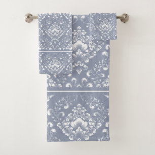Beautiful dblue grey and white floral pattern bath towel set