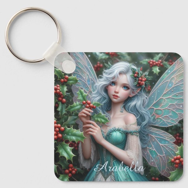 Beautiful December Fairy in Holly Key Ring (Front)