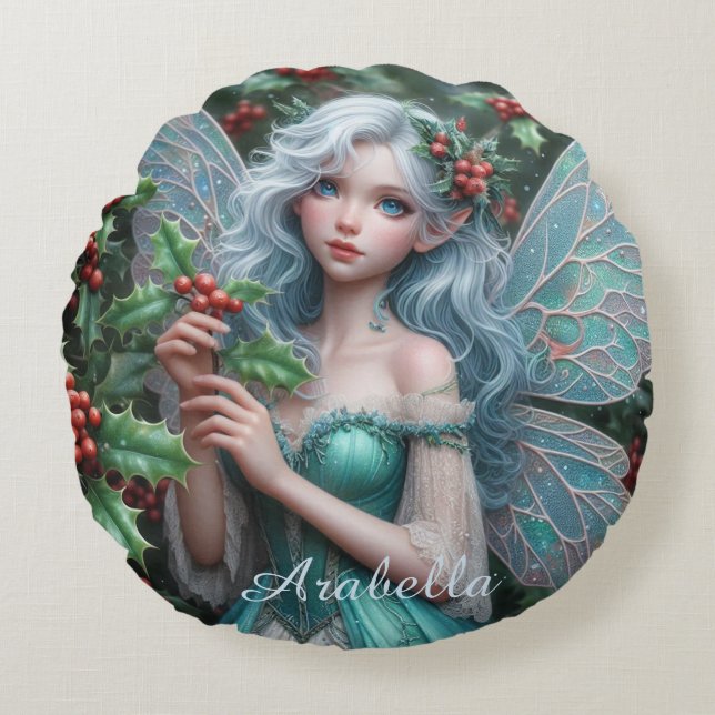 Beautiful December Fairy in Holly Round Cushion (Front)