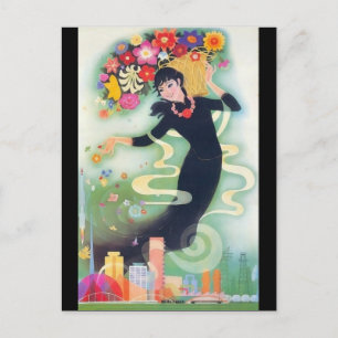 Beautiful Deco Asian Woman with Swirls & Flowers Postcard