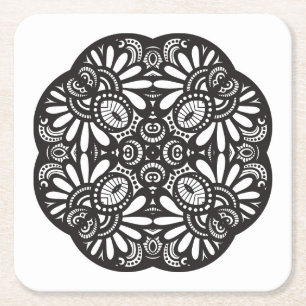 Beautiful Deco Black Square Doodle Paper Coaster