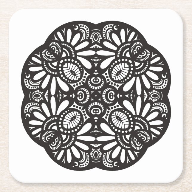 Beautiful Deco Black Square Doodle Paper Coaster (Front)