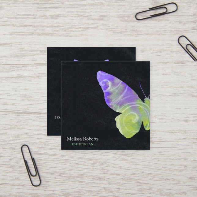 Beautiful Decorative Butterfly Logo Black  Square Business Card (Front/Back In Situ)