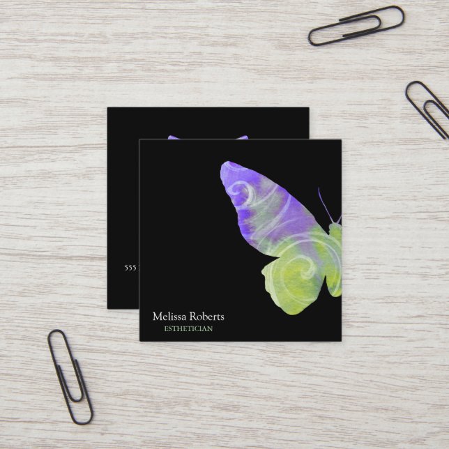 Beautiful Decorative Butterfly Logo Black  Square Business Card (Front/Back In Situ)