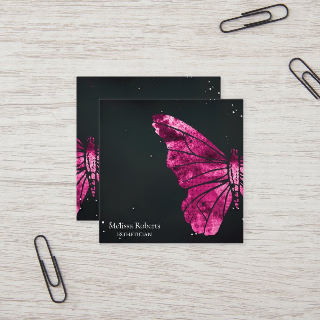 Beautiful Decorative Butterfly Logo Black  Square Business Card (Front/Back In Situ)
