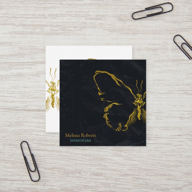 Beautiful Decorative Butterfly Logo Black  Square Business Card (Front/Back In Situ)