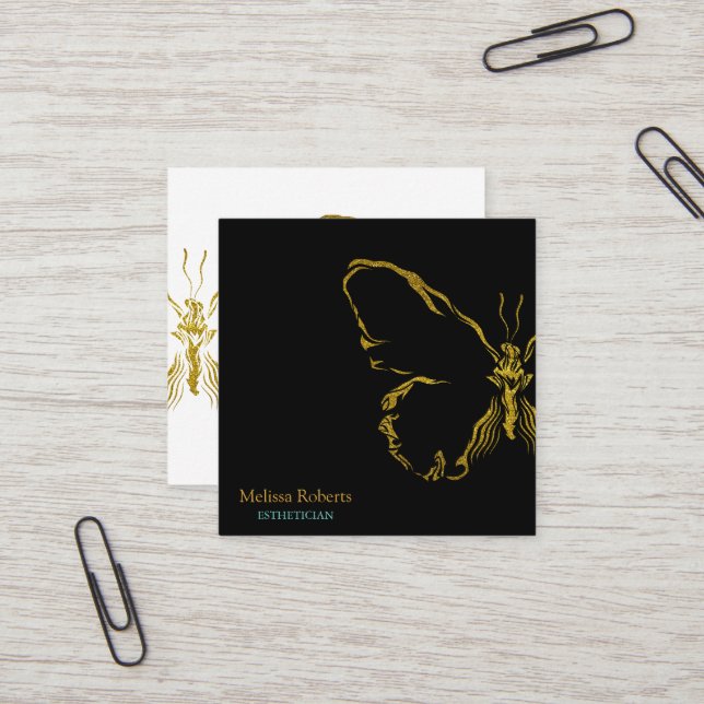 Beautiful Decorative Butterfly Logo Black  Square Business Card (Front/Back In Situ)