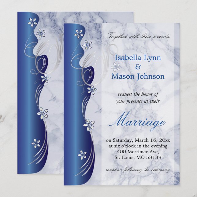 Beautiful Deep Blue Marble Wedding Invitation (Front/Back)