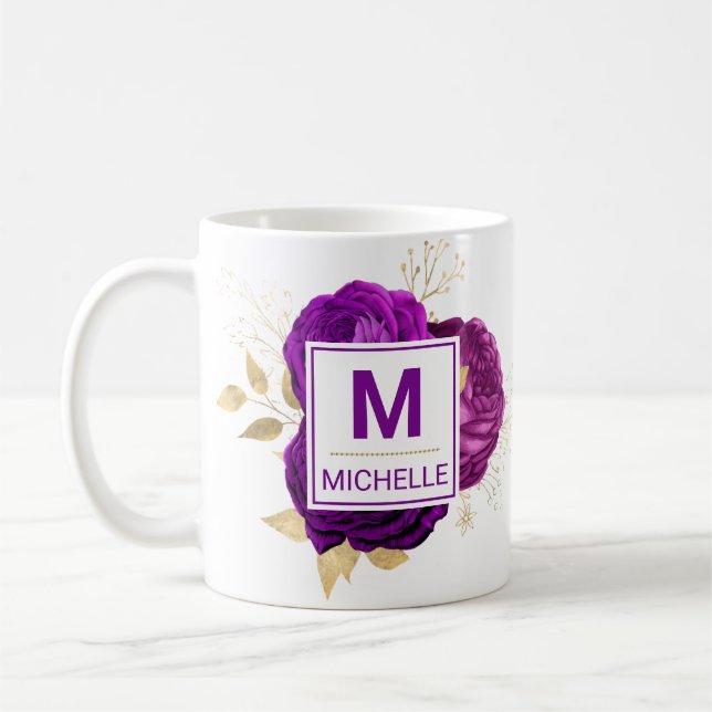 Beautiful Deep Purple and Gold Flowers Monogram Coffee Mug (Left)