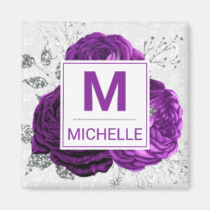 Beautiful Deep Purple and Silver Flowers Monogram Magnet