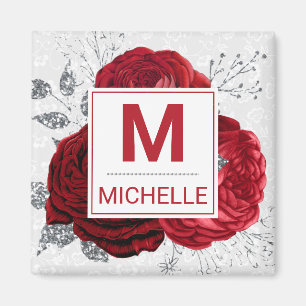 Beautiful Deep Red and Silver Flowers Monogram Magnet