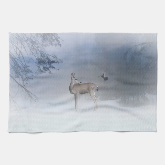 Beautiful Deer and Jay in the Snow Dish Towels (Horizontal)