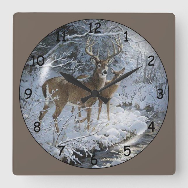 Beautiful Deer Family Square Wall Clock (Front)