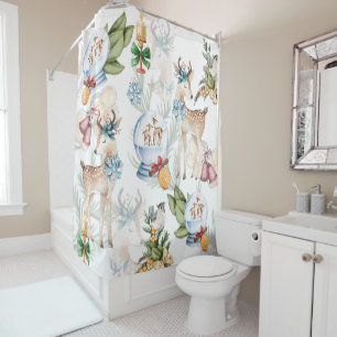 Beautiful Deer Watercolor Christmas Shower Curtain