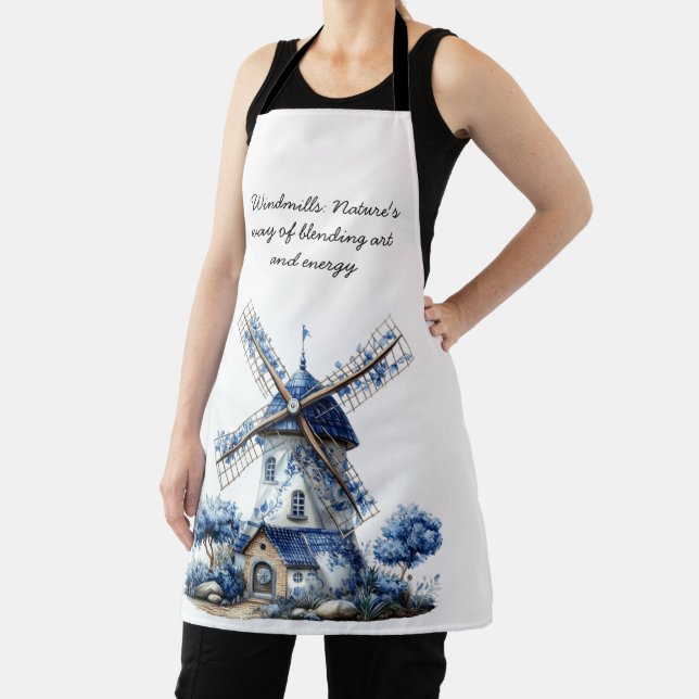 Beautiful Delft Blue Watercolor Windmill Apron (Insitu)