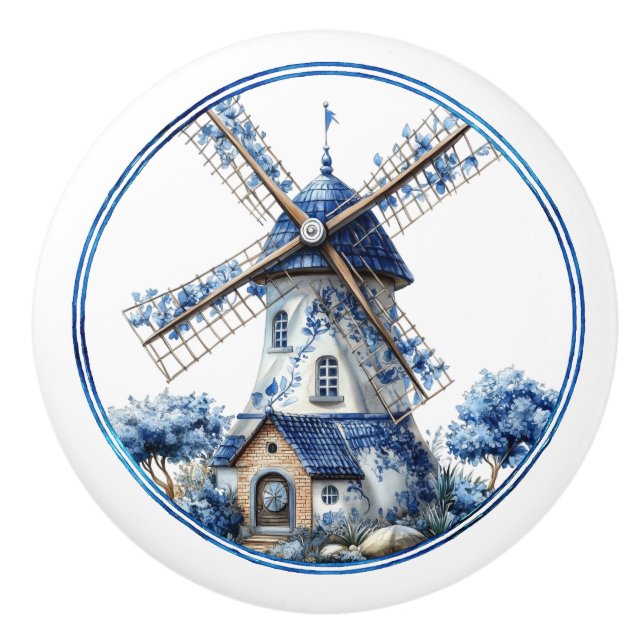 Beautiful Delft Blue Watercolor Windmill Ceramic Knob (Front)