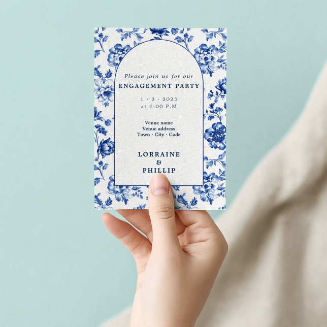 Beautiful delftware arch floral engagement party invitation (Delftware arch, blue and white engagement invitation)