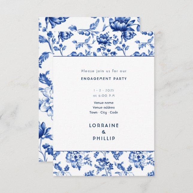 Beautiful delftware floral engagement party invitation (Front/Back)