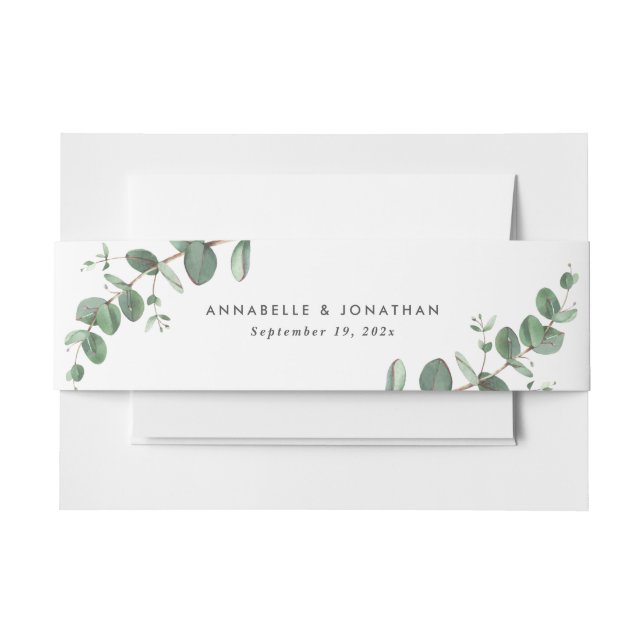 Beautiful delicate eucalyptus foliage wedding invitation belly band (Front Example)