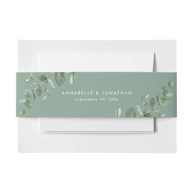Beautiful delicate eucalyptus sage green wedding invitation belly band (Front Example)