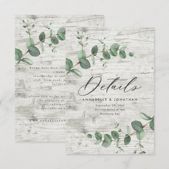 Beautiful delicate eucalyptus wedding details RSVP (Front/Back)