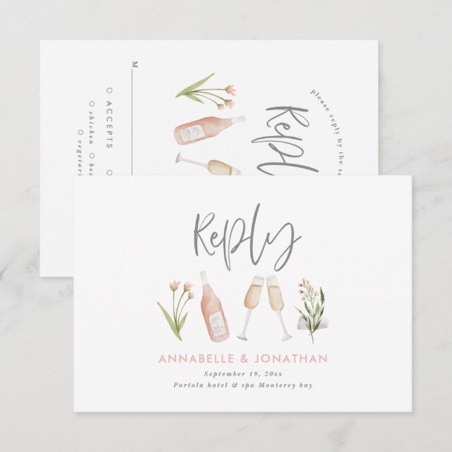 Beautiful delicate floral pink girly wedding reply RSVP card (Front/Back)
