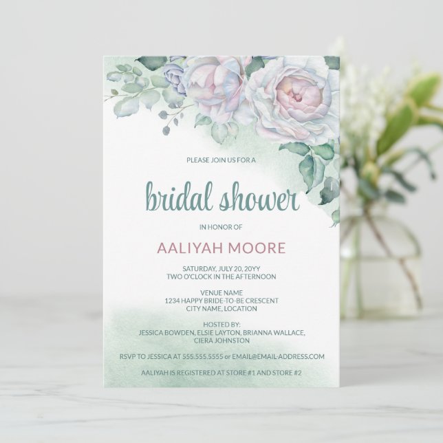 Beautiful Delicate Watercolor Rose Bridal Shower Invitation (Standing Front)