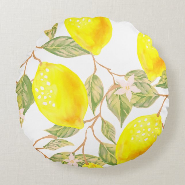 Beautiful design watercolor lemon round cushion (Front)
