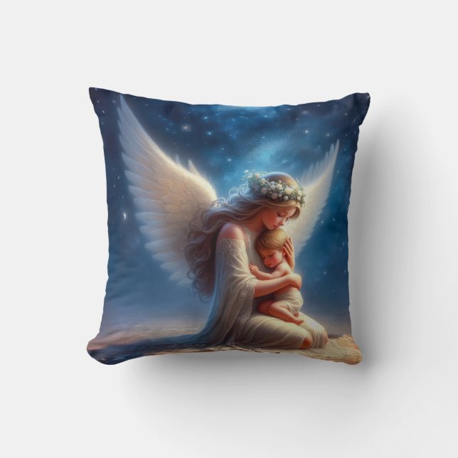 Beautiful Digital Painting of Angel Holding a Baby Cushion (Front)