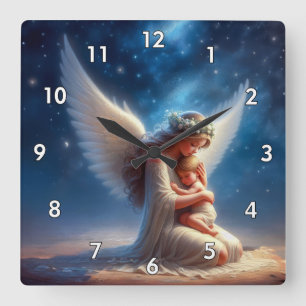 Beautiful Digital Painting of Angel Holding a Baby Square Wall Clock