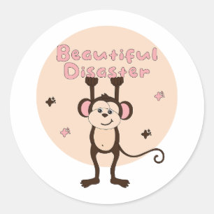 Beautiful Disaster Kawaii Funny Monkey Pink Brown Classic Round Sticker