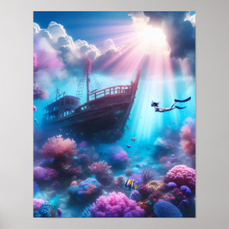 Beautiful diver and a shipwreck poster