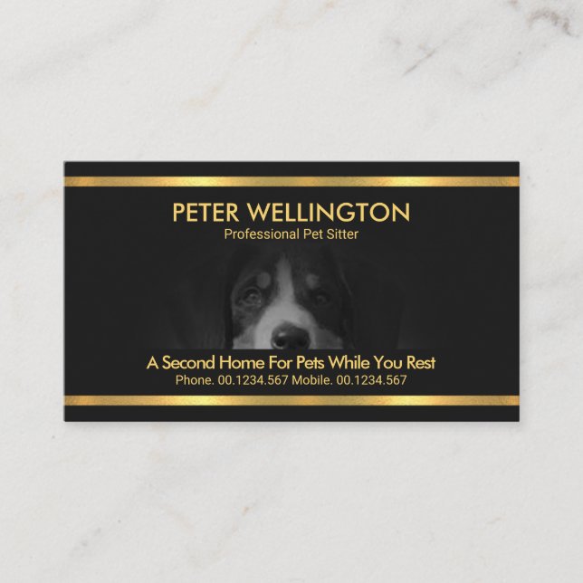 Beautiful Dog Motif Gold Stripes Pet Sitter Business Card (Front)