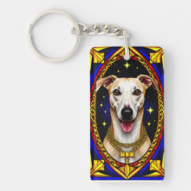 Beautiful Dog Portrait in Stained Glass Artwork Key Ring (Front)