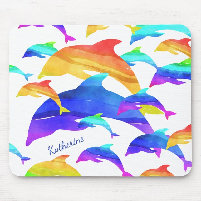 Beautiful Dolphins in Rainbow with First Name Mouse Mat (Front)