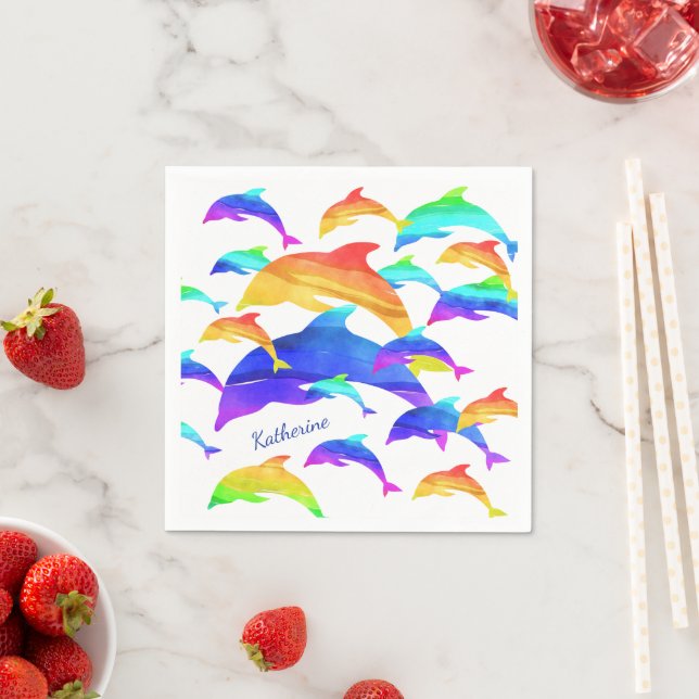 Beautiful Dolphins in Rainbow with First Name Napkin (Insitu)