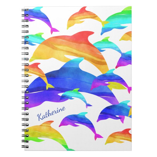 Beautiful Dolphins in Rainbow with First Name Notebook (Front)