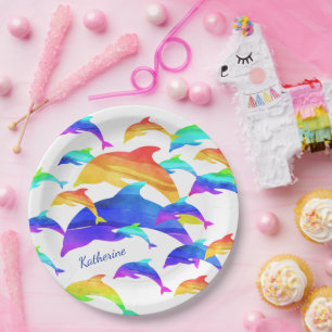 Beautiful Dolphins in Rainbow with First Name Paper Plate