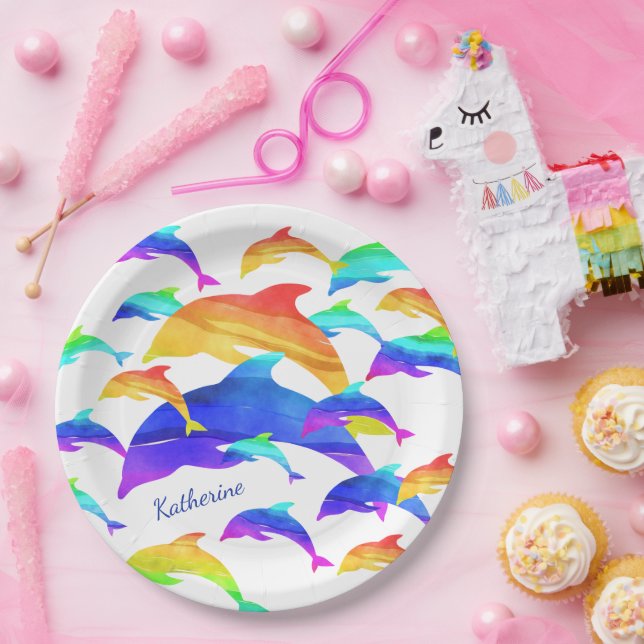 Beautiful Dolphins in Rainbow with First Name Paper Plate (Party)
