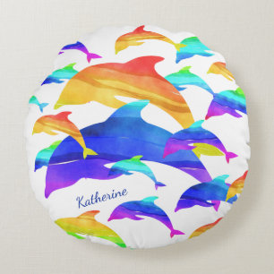 Beautiful Dolphins in Rainbow with First Name Round Cushion