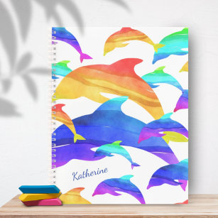 Beautiful Dolphins in Rainbow with Name Notebook