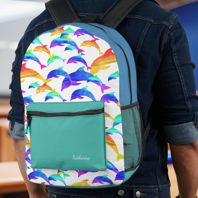 Beautiful Dolphins in Rainbow with Name School Printed Backpack (Creator Uploaded)