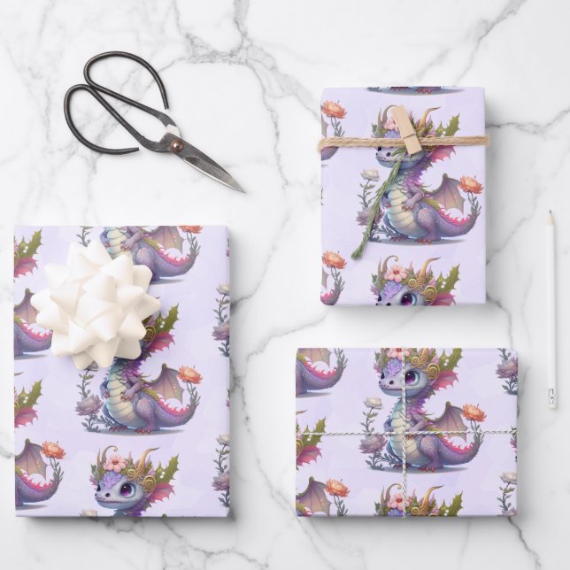 Beautiful Dragon with Elegant Crown Patterned Wrapping Paper Sheet (Front)