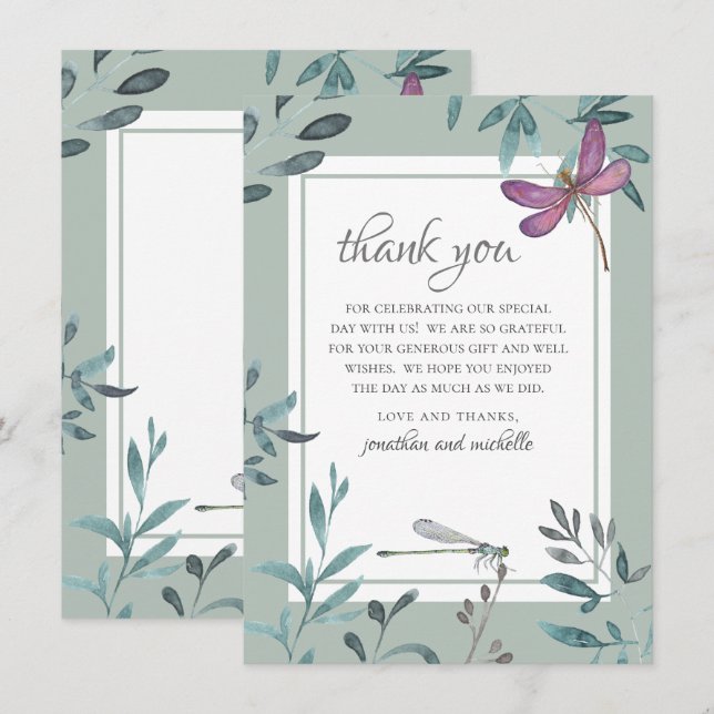 Beautiful Dragonfly and Garden Greenery Wedding Thank You Card (Front/Back)