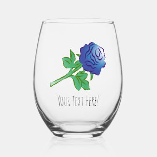 Beautiful drawing of a blue rose stemless wine glass