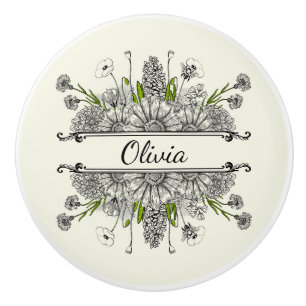 Beautiful drawing of black and white flowers ceramic knob