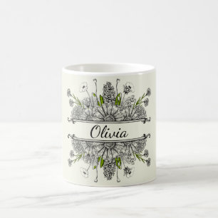 Beautiful drawing of black and white flowers coffee mug